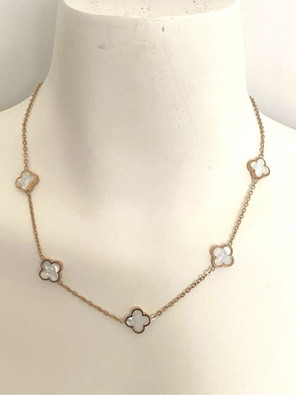 White Enamel Multiple Clover Necklace 18K Gold PVD Hypoallergenic NEW